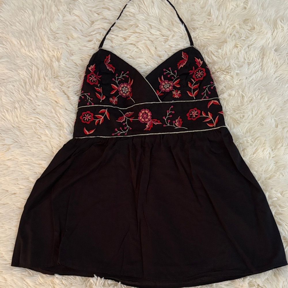 Black Halter top with Red Floral Embroidery